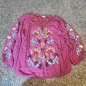 Indigo Thread Embroidered Floral Boho Blouse Top XL